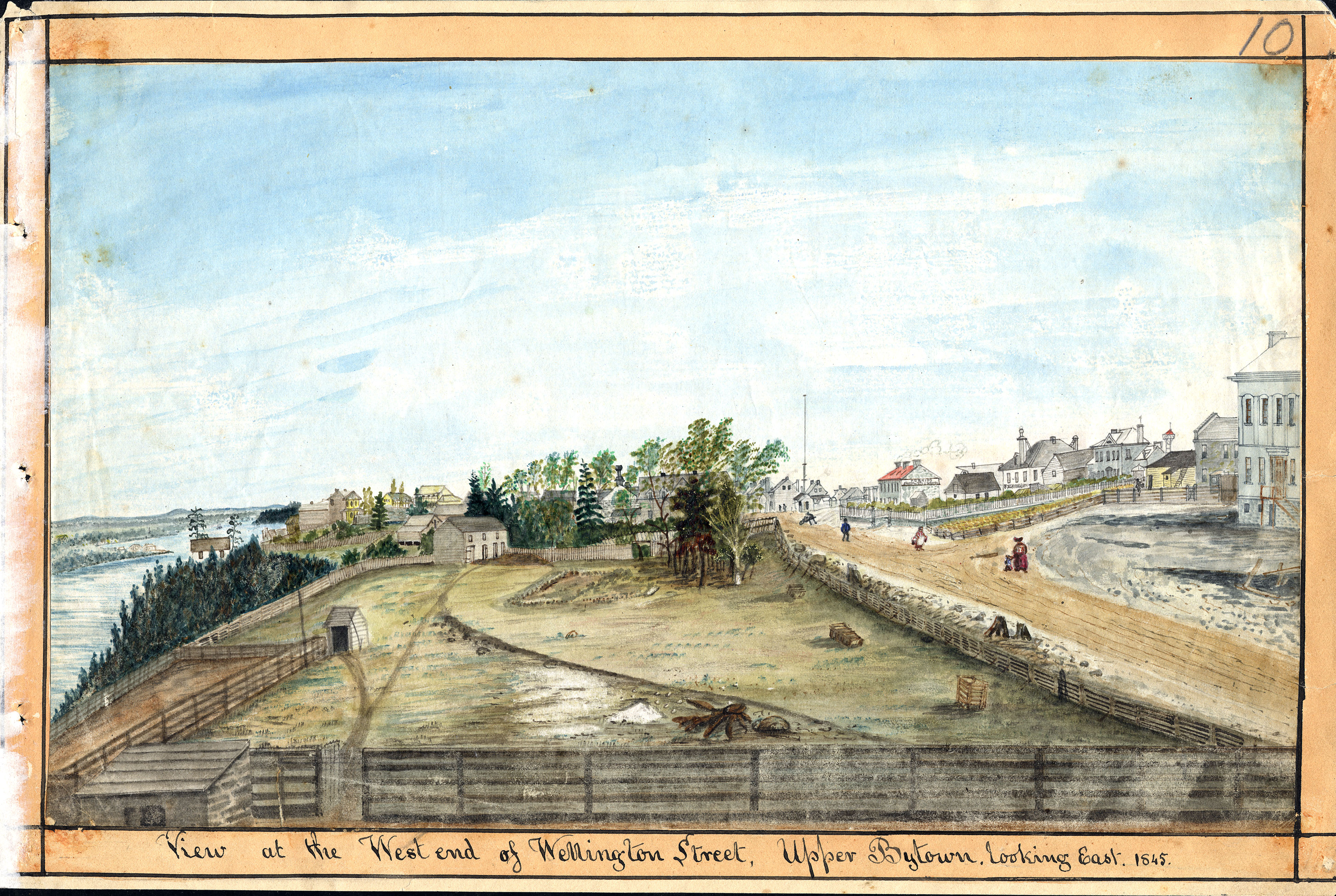 View from Wellington Street, Upper Bytown ca. 1845.  Thomas Burrowes, Painting of a view from Wellington Street, Upper Bytown, ca. 1845. Thomas Burrowes fonds.  Archives of Ontario, C 1-0-0-0-10.